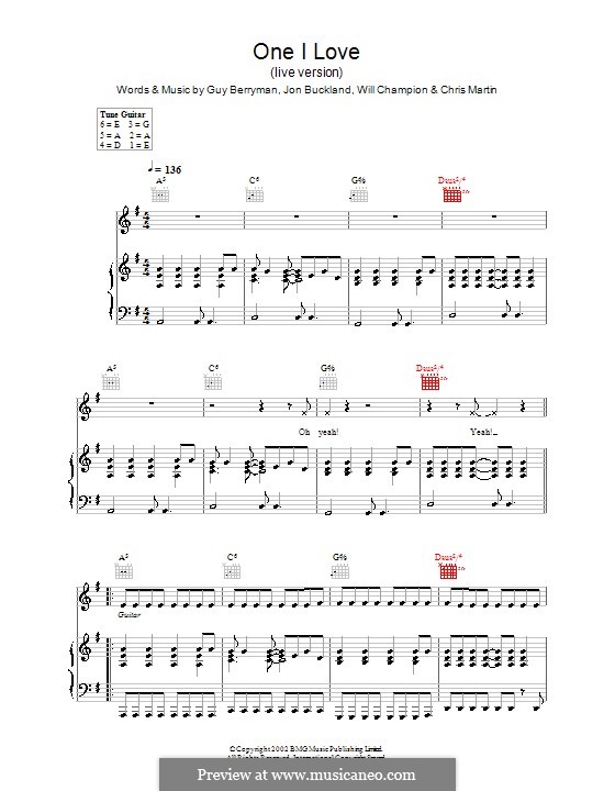 One I Love (Coldplay): For voice and piano or guitar (live version) by Chris Martin, Guy Berryman, Jonny Buckland, Will Champion