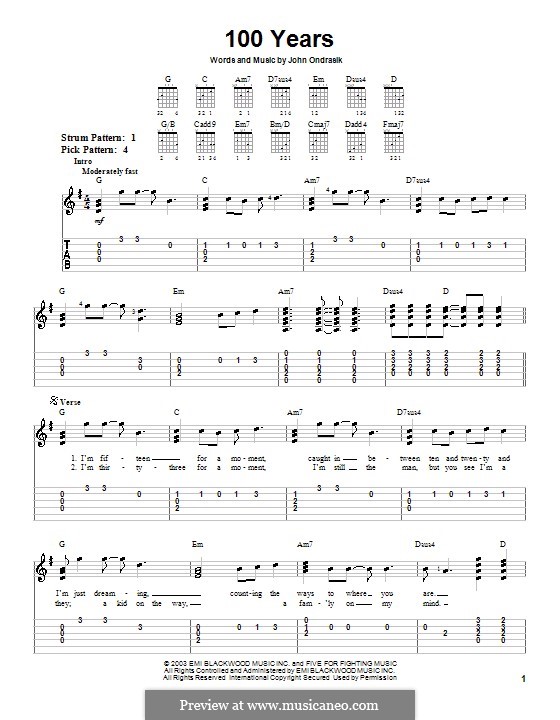 100 Years (Five for Fighting): Für Gitarre (Sehr leichte Fassung) by John Ondrasik