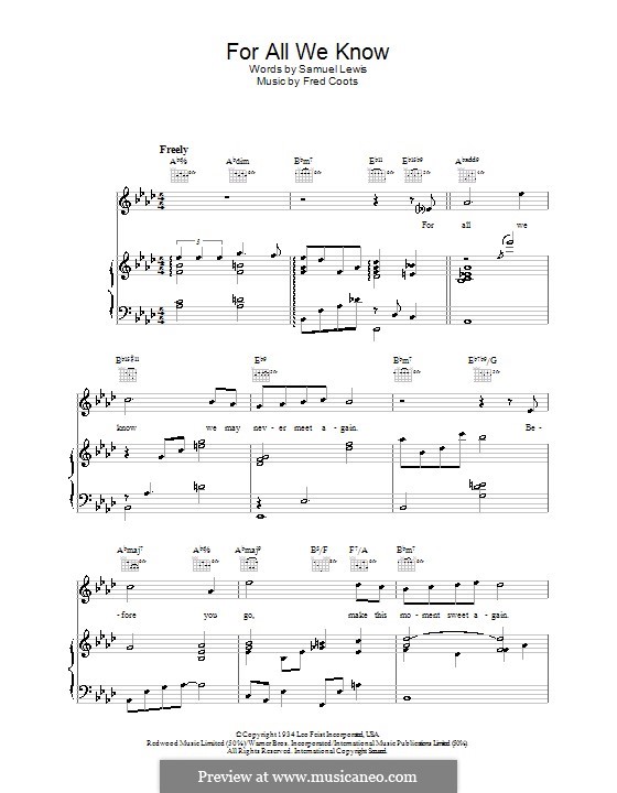 For All We Know: Für Stimme und Klavier (oder Gitarre) by J. Fred Coots