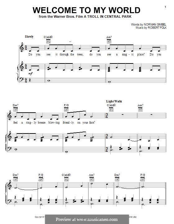 Welcome to My World (from A Troll in Central Park): Für Stimme und Klavier (oder Gitarre) by Robert Folk