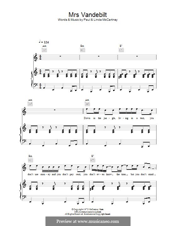 Mrs. Vandebilt (Wings): Für Stimme und Klavier (oder Gitarre) by Linda McCartney, Paul McCartney