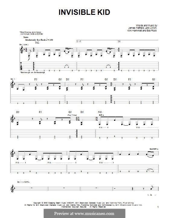 Invisible Kid (Metallica): Für Gitarre (Sehr leichte Fassung) by Bob Rock, James Hetfield, Kirk Hammett, Lars Ulrich