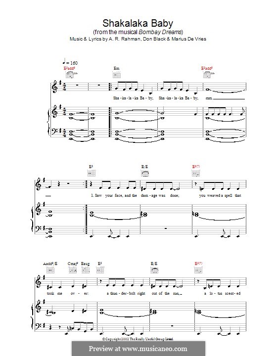 Shakalaka Baby (from Bombay Dreams): Für Stimme und Klavier (oder Gitarre) by A.R. Rahman, Don Black, Marius De Vries