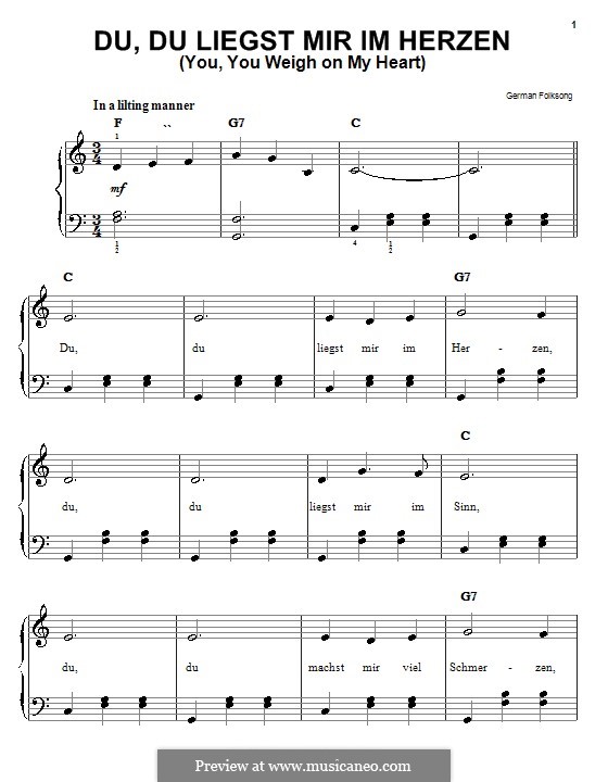 Du, du liegst mir im Herzen: Für Klavier by folklore
