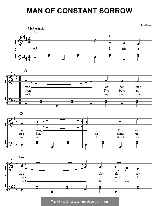 Man of Constant Sorrow: Für Klavier, leicht by folklore