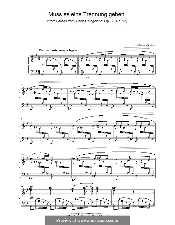 Fünfzehn Romanzen, Op.33: Nr.12 Musses eine Trennung geben, für Klavier by Johannes Brahms