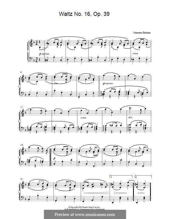 Walzer Nr.16: Bearbeitung für Klavier (Noten von hoher Qualität) by Johannes Brahms