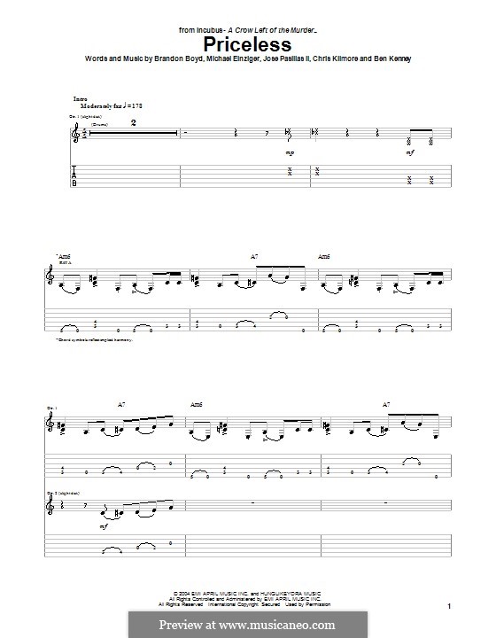 Priceless (Incubus): Für Gitarre mit Tabulatur by Brandon Boyd, Jose Pasillas II, Michael Einziger