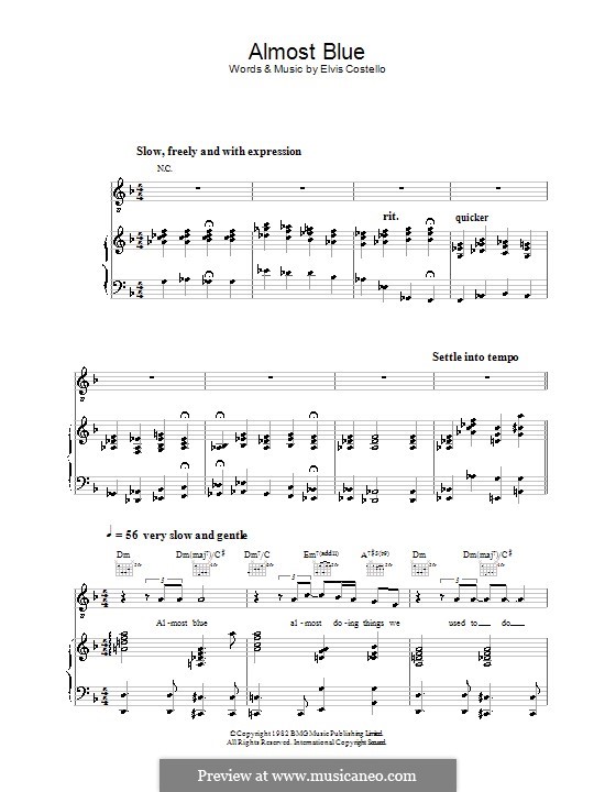 Almost Blue (Diana Krall): Für Stimme und Klavier (oder Gitarre) by Elvis Costello