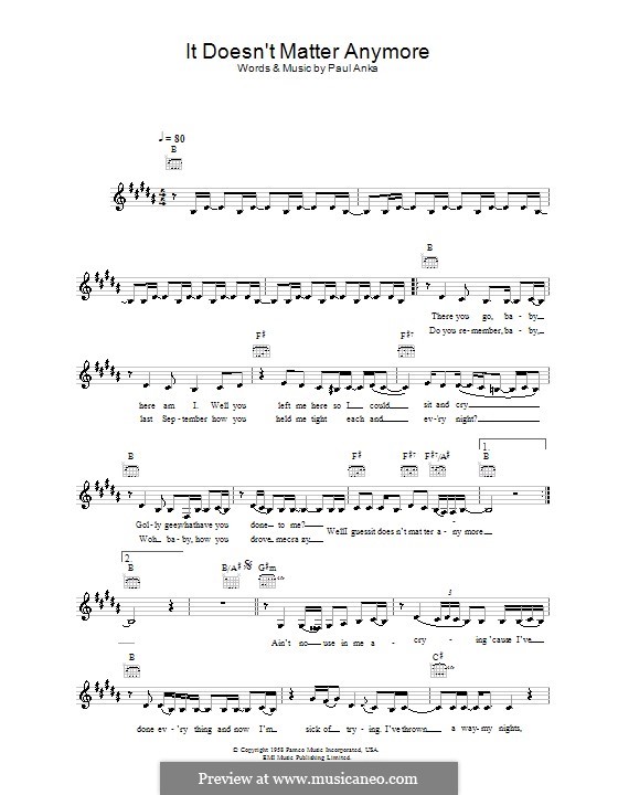 It Doesn't Matter Anymore: Melody line, lyrics and chords (Eva Cassidy) by Paul Anka