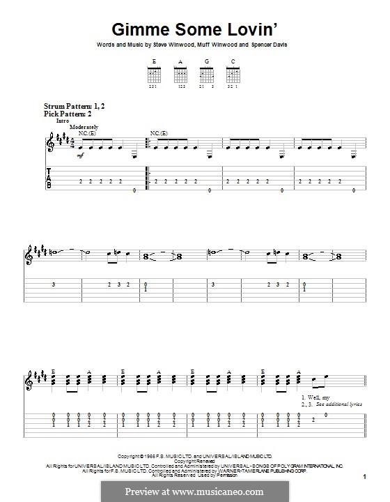 Gimme Some Lovin' (The Spencer Davis Group): Für Gitarre (Sehr leichte Fassung) by Muff Winwood, Spencer Davis, Steve Winwood