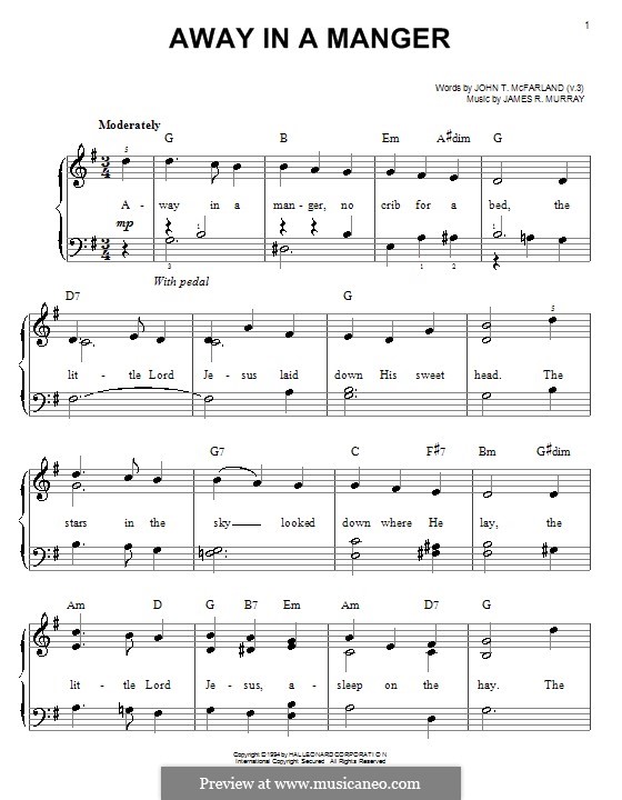 Away in a Manger (Printable Scores): Facil para o piano by James R. Murray