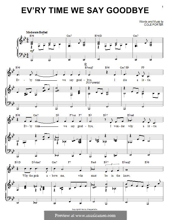 Ev'ry Time We Say Goodbye: Para vocais e piano (ou Guitarra) by Cole Porter