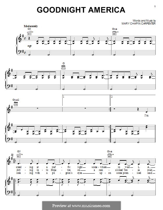 Goodnight America: Para vocais e piano (ou Guitarra) by Mary Chapin Carpenter
