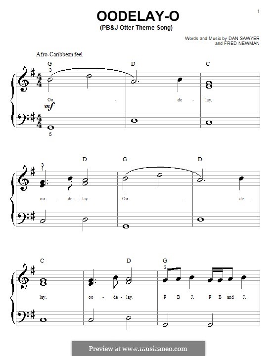 Oodelay-O (PB&J Otter Theme Song): para piano (versão facil) by Fred Newman