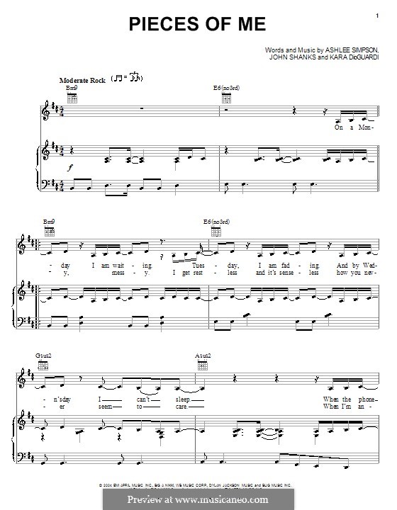 Pieces of Me (Ashlee Simpson): Para vocais e piano (ou Guitarra) by John M Shanks, Kara DioGuardi