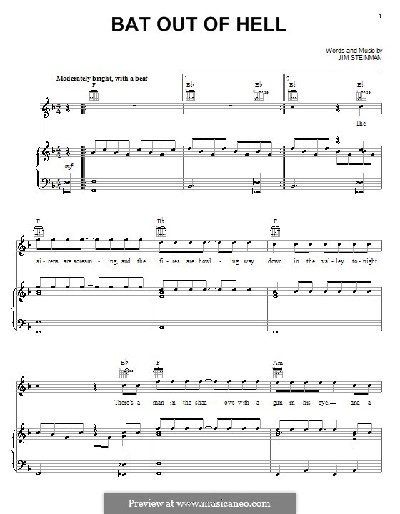 Bat Out of Hell (Meat Loaf): Para vocais e piano (ou Guitarra) by Jim Steinman