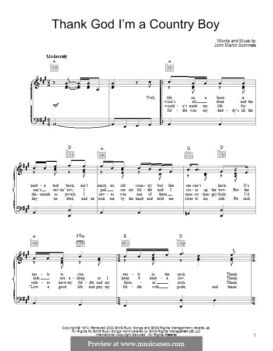 Thank God I'm a Country Boy: Para vocais e piano (ou Guitarra) by John Martin Sommers