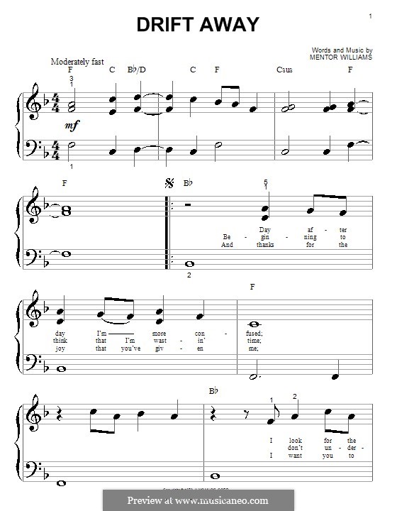 Drift Away (Dobie Gray): para piano (versão facil) by Mentor Williams