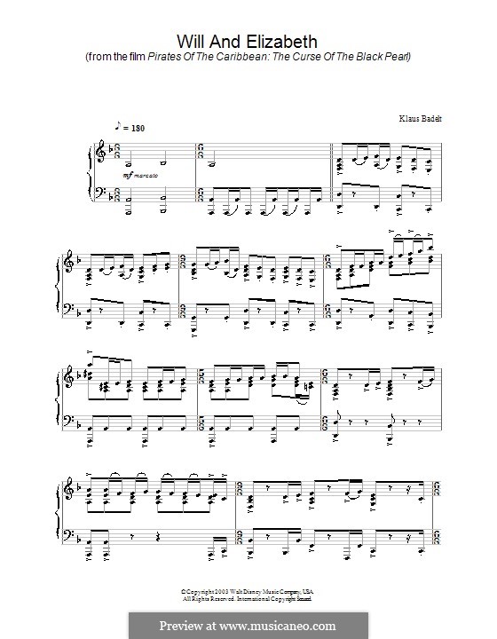 Will and Elizabeth (from Pirates of the Caribbean: The Curse of the Black Pearl): Para Piano by Klaus Badelt