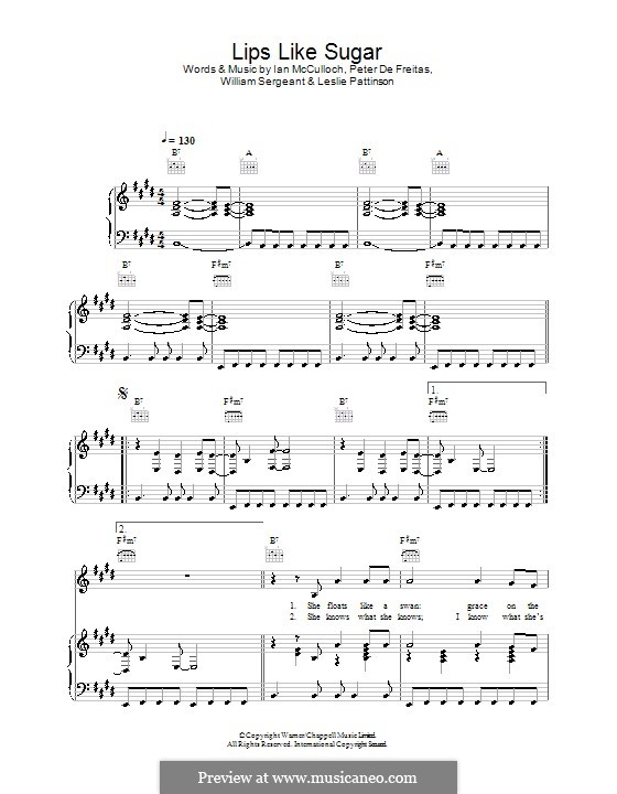 Lips Like Sugar (Seal): Para vocais e piano (ou Guitarra) by Ian McCulloch, Peter De Freitas, William Sergeant