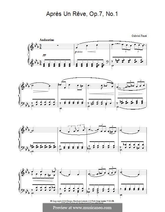 Three Songs, Op.7: No.1 Après un rêve (After a Dream), for piano by Gabriel Fauré