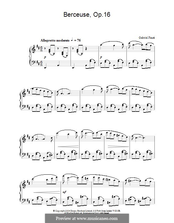 Berceuse (Lullaby) for Violin and Piano, Op.16: versão para piano by Gabriel Fauré