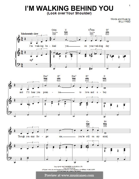 I'm Walking Behind You (Look Over Your Shoulder): Para vocais e piano (ou Guitarra) by Billy Reid