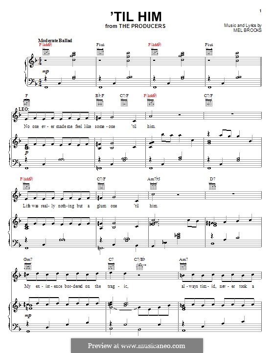 'Til Him (from The Producers): Para vocais e piano (ou Guitarra) by Mel Brooks