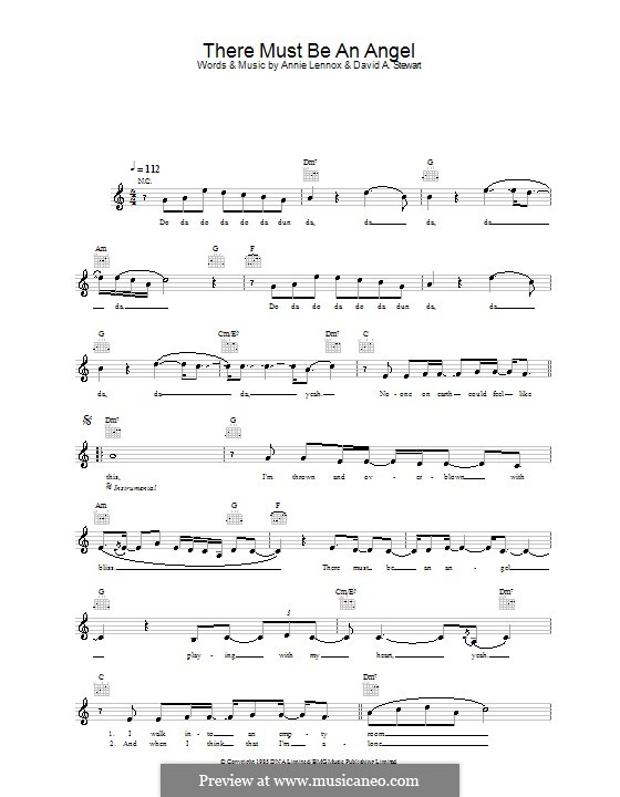 There Must Be an Angel (Playing with My Heart): Melody line, lyrics and chords (Eurythmics) by Annie Lennox, David A. Stewart