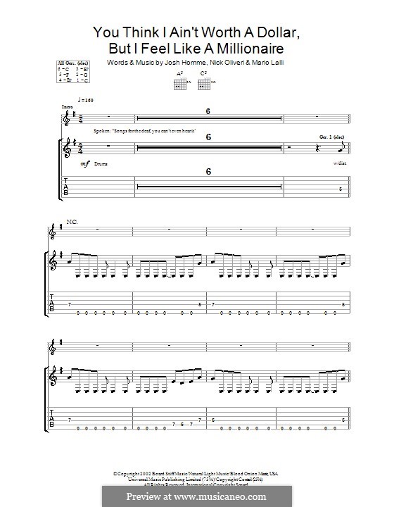 You Think I Ain't Worth a Dollar, But I Feel Like a Millionaire (Queens of the Stone Age): Para guitarra com guia by Joshua Homme, Mario Lalli, Nick Oliveri