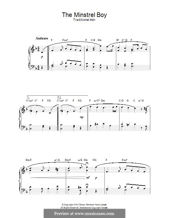 The Minstrel Boy (printable score): Para Piano by folklore