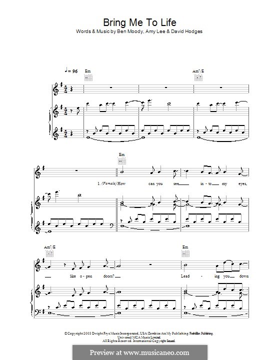 Bring Me to Life (Evanescence): Para vocais e piano (ou Guitarra) by Amy Lee, Ben Moody, David Hodges
