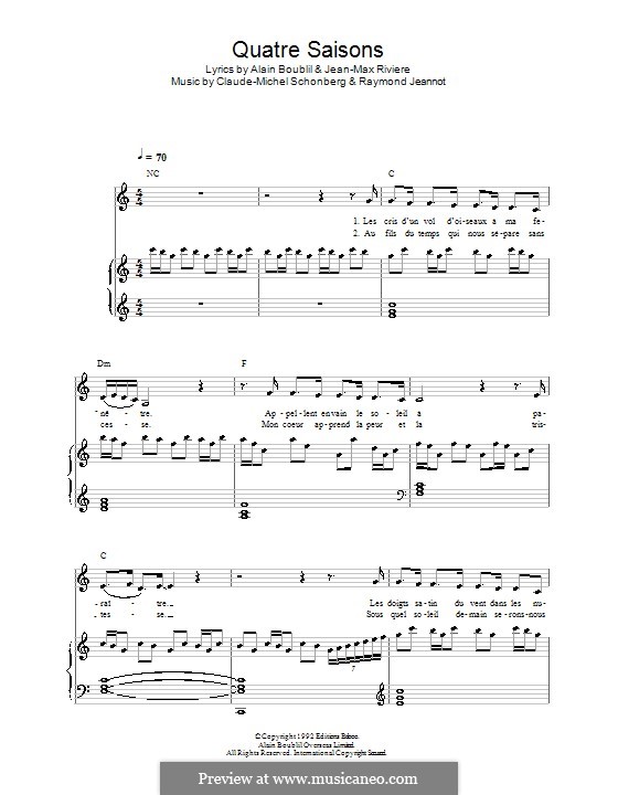 Quatre Saisons pour un Amour (from La Revolution Francaise): Para vocais e piano (ou Guitarra) by Claude-Michel Schönberg, Raymond Jeannot