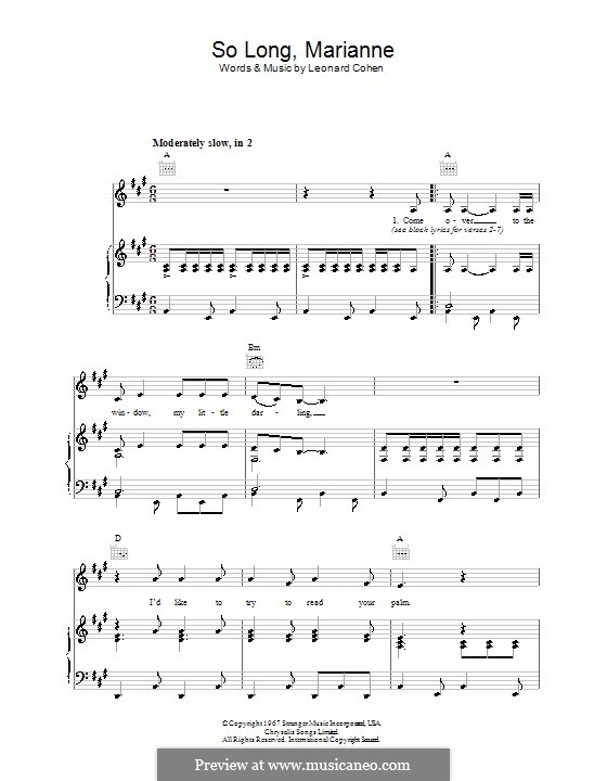 So Long, Marianne: Para vocais e piano (ou Guitarra) by Leonard Cohen