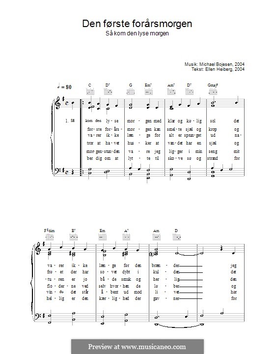 Den Første Forårsmorgenmorgen - Så Kom Den Lyse Morgen: Para vocais e piano (ou Guitarra) by Michael Bojesen