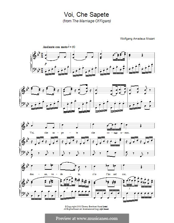 Voi, che sapete: versão para piano by Wolfgang Amadeus Mozart