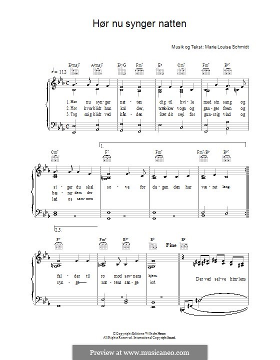 Hør Nu Synger Natten: Para vocais e piano (ou Guitarra) by Marie Louise Schmidt