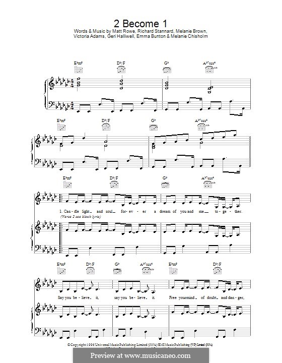 2 Become 1 (The Spice Girls): Para vocais e piano (ou Guitarra) by Emma Bunton, Geri Halliwell, Matt Rowe, Melanie Brown, Melanie C, Richard Stannard, Victoria Adams