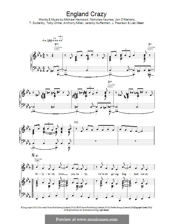 England Crazy (Rider ft Terry Venables): Para vocais e piano (ou Guitarra) by Anthony Miller, Johnny Pearson, Jeremy Huffelman, Jon O'Mahony, Leo Green, Michael Harwood, Nicholas Keynes, T. Sutterby, Toby Orme