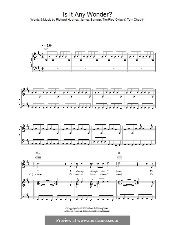 Is It Any Wonder? (Keane): Para vocais e piano (ou Guitarra) by James Sanger, Richard Hughes, Tim Rice-Oxley, Tom Chaplin