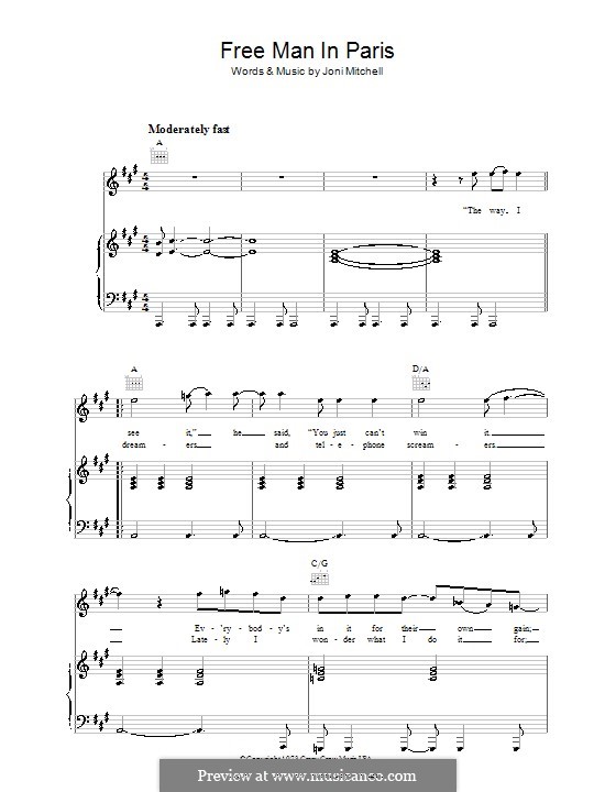 Free Man in Paris: Para vocais e piano (ou Guitarra) by Joni Mitchell