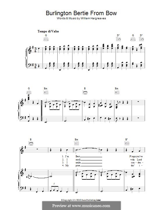 Burlington Bertie from Bow: Para vocais e piano (ou Guitarra) by William Hargreaves