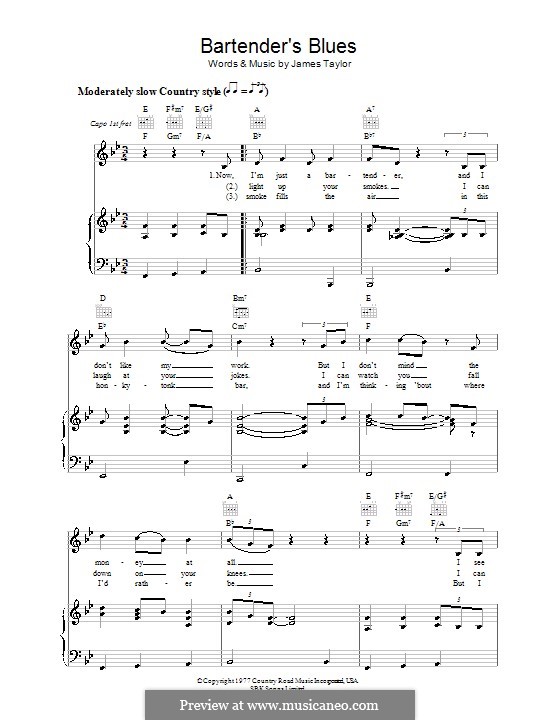 Bartender's Blues: Para vocais e piano (ou Guitarra) by James Taylor