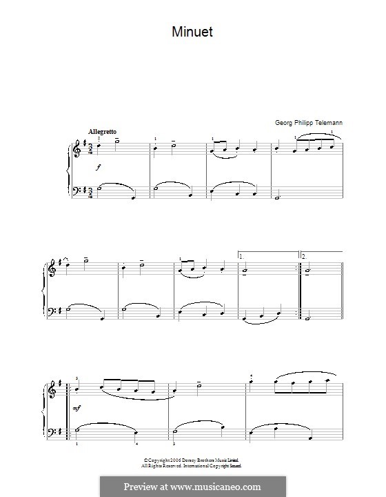 Minuet in G Major for Flute and Piano: versão para piano by Georg Philipp Telemann