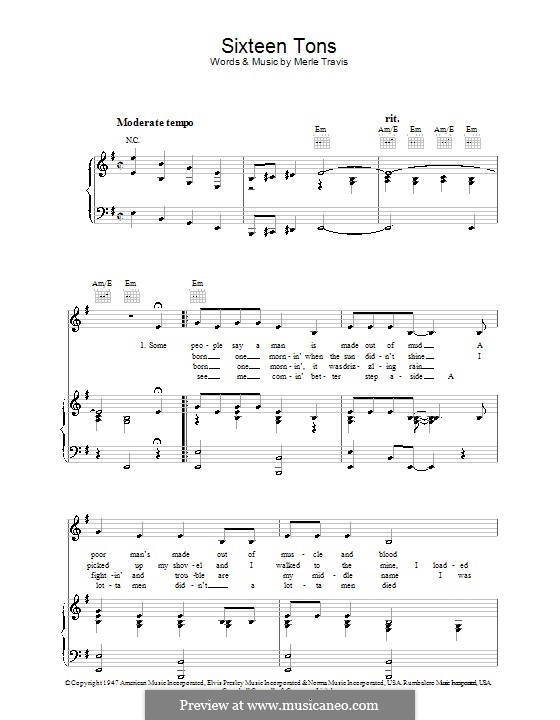 Sixteen Tons (Tennessee Ernie Ford): Para vocais e piano (ou Guitarra) by Merle Travis