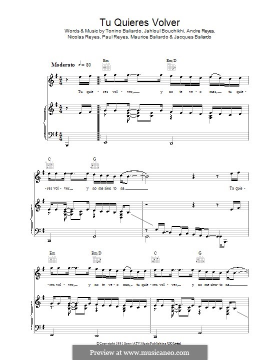 Tu Quieres Volver (Gipsy Kings): Para vocais e piano (ou Guitarra) by Andre Reyes, Jacques Baliardo, Jahloul Bouchikhi, Maurice Baliardo, Nicolas Reyes, Paul Reyes, Tonino Baliardo