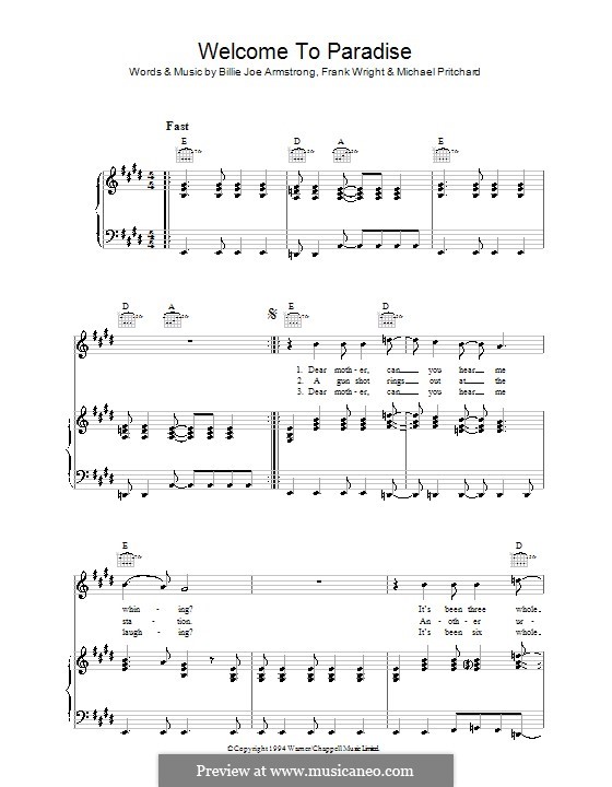 Welcome to Paradise (Green Day): Para vocais e piano (ou Guitarra) by Billie Joe Armstrong, Tré Cool, Michael Pritchard