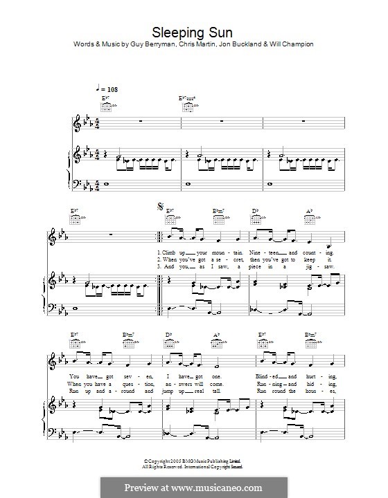 Sleeping Sun (Coldplay): Para vocais e piano (ou Guitarra) by Chris Martin, Guy Berryman, Jonny Buckland, Will Champion