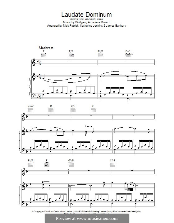 Vesperae solennes de confessore, K.339: Laudate Dominum, for voice and piano (or guitar) by Wolfgang Amadeus Mozart
